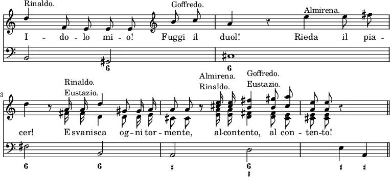 << \new Staff { \key a \minor \override Score.Rest #'style = #'classical \override Score.TimeSignature #'stencil = ##f \time 4/4 << \new Voice = "Solo" \relative d'' { \autoBeamOff \stemUp d4^"Rinaldo." f,8 e e e \clef treble b'^"Goffredo." c | a4 r \clef treble \stemDown e'4^"Almirena." e8 fis | d4 r8 \clef treble \stemUp a16^\markup { \column { Rinaldo. Eustazio. } } a d4 gis,8 gis16 a | a8 a r^\markup { \column { Almirena. Rinaldo.} } \clef treble <cis e>16 q <b fis'>4^\markup { \column { Goffredo. Eustazio. } } <b gis'>8 <cis a'> | <a e'> q r4 s \bar "||" }
\new Voice \relative f' { \autoBeamOff \stemDown s1 s s4 s8 fis16 fis d4 d8 d16 e | cis8 cis r <e a>16 q <d fis>4 q8 <cis e> | q q } >> }
\new Lyrics \lyricsto "Solo" { I -- do -- lo mi -- o! Fuggi il duol! Rieda il pia -- cer! E svani -- sca og -- ni tor -- men -- te, al -- con -- tento, al con -- ten -- to! }
\new Staff { \clef bass \key a \minor \relative b, { b2 gis | cis1 | fis2 b, | a d s4 e a, } }
\figures { < _ >2 <6> <6>1 <6>2 <6> <_+> <6 _+> < _>4 <_+> <_+> } >>