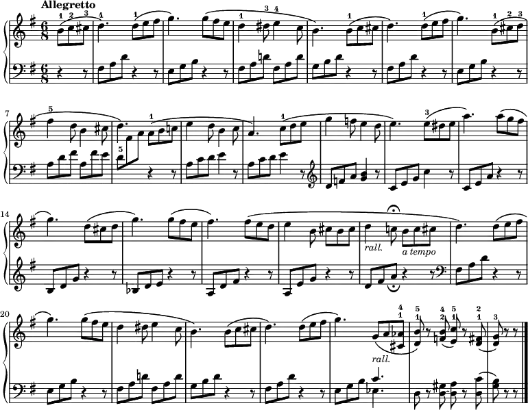 \new PianoStaff <<
\new Staff = "up" { \time 6/8 \key g \major \tempo "Allegretto" \partial 4. \relative b' {
  b8-1\( c-2 cis-3 | d4.-4\) d8-1\( e fis |
  g4.\) g8\( fis e | d4-1 dis8-3 e4-4 c8 |
  b4.\) b8-1\( c cis | d4.\) d8-1\( e fis |
  g4.\) b,8-1\( cis-2 d-3 | fis4-5 d8 b4 cis8 |
  d4.\) a8-1\( b c! | e4 d8 b4 c8 |
  a4.\) c8-1\( d e | g4 f8 e4 d8 |
  e4.\) e8-3\( dis e | a4.\) a8\( g fis |
  g4.\) d8\( cis d | g4.\) g8\( fis e |
  fis4.\) fis8\( e d | e4 b8 cis b cis |
  d4_\markup { \smaller \italic rall. } c!8\fermata 
  b8\(_\markup { \smaller \italic "a tempo" } c cis |
  d4.\) d8\( e fis | g4.\) g8\( fis e |
  d4 dis8 e4 c8 | b4.\) b8\( c cis |
  d4.\) d8\( e fis | g4.\) g,8\(_\markup { \smaller \italic rall. } a <aes^4 cis,^1> |
  <b^5 d,^1>\) r <b^4 f^2>( <c^5 e,^1>) r <fis,^2 d^1>( | 
  <g^3 d>) r r \bar "|." } }
\new Staff = "down" { \clef bass \key g \major
  r4 r8 | fis a d' r4 r8 |
  e g b r4 r8 | fis a d'! fis a d' |
  g b d' r4 r8 | fis a d' r4 r8 |
  e g b r4 r8 | a d' fis' a fis' e' | 
  d'-5 \change Staff = "up" fis' a' \change Staff = "down" r4 r8 |
  a c' d' e'4 r8 | a c' d' e'4 r8 \clef treble |
  d' f' a' <g' b'>4 r8 | c' e' g' c''4 r8 |
  c' e' a' r4 r8 | b d' g' r4 r8 |
  bes d' e' r4 r8 | a d' fis' r4 r8 |
  a e' g' r4 r8 | d' fis' a'_\fermata r4 r8 \clef bass |
  fis a d' r4 r8 | e g b r4 r8 |
  fis a d'! fis a d' | g b d' r4 r8 |
  fis a d' r4 r8 | e g b << { c'4. } \\ { ees4. } >> |
  d8 r <d gis> ~ <d a> r <d c'>( | <g b>) r r }
>> 