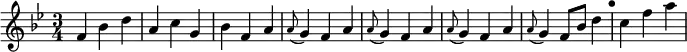 \relative f' { \key bes \major \time 3/4
  f4 bes d | a c g | bes f a | \repeat unfold 3 { \appoggiatura a8 g4 f a | }  \appoggiatura a8 g4 f8 bes d4 | \mark "•" c f a }