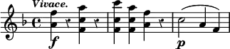 { \time 4/4 \key f \major \override Score.Rest #'style = #'classical \tempo \markup { \smaller \italic Vivace. } \relative f'' { <f a,>4\f r <a c, f,> r <c c, f,> <a c, f,> <f a,> r c2\p( a4 f) } }