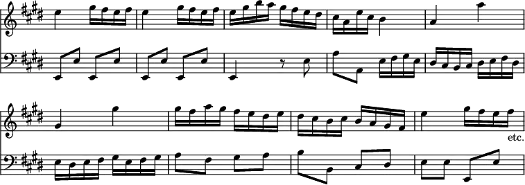 { << \new Staff \relative e'' { \time 2/4 \override Score.TimeSignature #'stencil = ##f \key e \major \override Score.BarNumber #'break-visibility = #'#(#f #f #f)
  e4 gis16 fis e fis | e4 gis16 fis e fis |
  e gis b a gis fis e dis | %end line 1
  cis a e' cis b4 | a a' | gis, gis' | %end line 2
  gis16 fis a gis fis e dis e | dis cis b cis b a gis fis |
  e'4 gis16 fis e fis_"etc." }
\new Staff \relative e, { \clef bass \key e \major
  e8 e' e, e' | e, e' e, e' | e,4 r8 e' | %end line 1
  a a, e'16 fis gis e | dis cis b cis dis e fis dis |
  e dis e fis gis e fis gis | %end line 2
  a8 fis gis a | b b, cis dis | e e e, e' } >> }