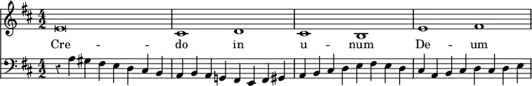 { << \new Staff \with {midiInstrument = #"church organ"} { \time 4/2 \key b \minor \relative e' { e\breve cis1 d cis b e fis } } \addlyrics { Cre -- do in u -- num De -- um }
\new Staff \with {midiInstrument = #"church organ"} { \clef bass \key b \minor \override Staff.Rest #'style = #'classical \relative a { r4 a gis fis e d cis b | a b a g! fis e fis gis | a b cis d e fis e d | cis a b cis d cis d e | } } >> }