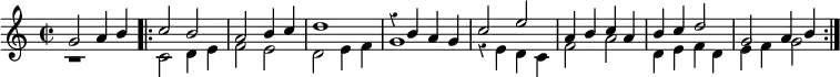 { \override Score.Rest #'style = #'classical \time 2/2 << \relative g' { g2 a4 b } \\ { r1 } >> \repeat volta 2 << \relative c'' { c2 b | a b4 c d1 | r4 b a g | c2 e | a,4 b c a | b c d2 | g,2 a4 b } \\ \relative c' { c2 d4 e | f2 e | d e4 f | g1 | r4 e d c | f2 a | d,4 e f d | e f g2 } >> }