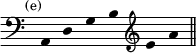 { \override Score.TimeSignature #'stencil = ##f \override Score.Stem #'stencil = ##f \time 6/4 \mark \markup \small "(e)" \clef bass
  a, d g b \clef treble e' a' \bar "||" }