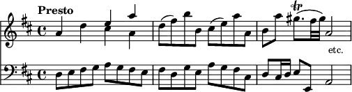 { \time 4/4 \key d \major \tempo "Presto" << \relative a' { a4 d << { e a } \\ { cis, a } >> | d8( fis) b b, cis( e) a a, | b a' gis8.\trill( fis32 gis) a,2_\markup { \null \lower #2 \smaller etc. } | }
\new Staff { \clef bass \key d \major \relative d { d8 e fis g a g fis e | fis d g e a g fis cis | d cis16 d e8 e, a2 | } } >> }