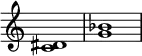 { \override Score.TimeSignature #'stencil = ##f <dis' c'>1 <g' bes'> }