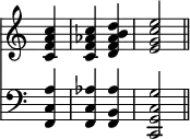 { \override Score.TimeSignature #'stencil = ##f \time 2/4 \partial 4 << \relative c' { <c f a c>4 <c f aes c> <d f aes b d> <e g c e>2 \bar "||" }
\new Staff { \clef bass \relative a { <a c, f,>4 <aes c, f,> <aes b, f> <g c, g c,>2 } } >> }