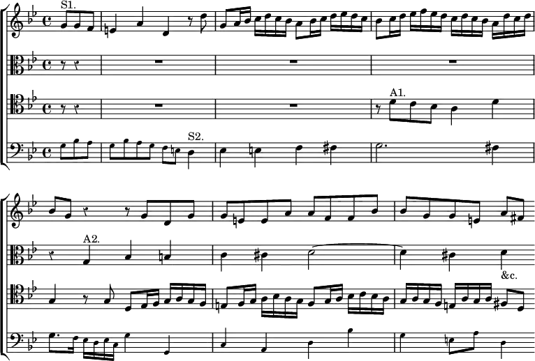 \new ChoirStaff << \override Score.BarNumber #'break-visibility = #'#(#f #f #f) \override Score.Rest #'style = #'classical
  \new Staff \relative g' { \key g \minor \time 4/4 \partial 4.
    g8^"S1." g f | e4 a d, r8 d' |
    g,8 a16 bes c d c bes a8 bes16 c d ees d c |
    bes8 c16 d ees f ees d c d c bes a d c d | bes8 g r4 r8 g d g |
    g e e a a f f bes | bes g g e a[ fis] }
  \new Staff \relative g { \clef alto \key g \minor
    r8 r4 | R1*3 | r4 g^"A2." bes b | c cis d2 ~ | d4 cis d_"&c." }
  \new Staff \relative d' { \clef tenor \key g \minor
    r8 r4 | R1*2 | r8 d^"A1." c bes a4 d |
    g, r8 g d ees16 f g a g f |
    e8 f16 g a bes a g f8 g16 a bes c bes a |
    g a g f e a g a fis8[ d] }
  \new Staff \relative g { \clef bass \key g \minor
    \tiny g8 bes a | g bes a g f e \normalsize d4^"S2." | ees e f fis
    g2. fis4 | g8. \tiny f16 ees d ees c g'4 g, |
    c a d bes' | g e8 a d,4 } >>