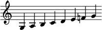 { \override Score.TimeSignature #'stencil = ##f \relative g { \cadenzaOn g4 a b c d e f! g } }