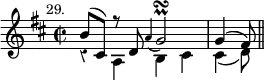 { \relative b' { \key d \major \time 2/2 \mark \markup \small "29." \override Score.Rest #'style = #'classical
 << { b8^( cis,) r d \grace a'4_( g2)\prall\turn | g4^( fis8) } \\
    { r4 a, b cis | cis4_( d8) \bar "||" } >> } }