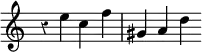 { \override Score.Rest #'style = #'classical \override Score.TimeSignature #'stencil = ##f \time 4/4
\relative e'' { r4 e c f | gis, a d } }