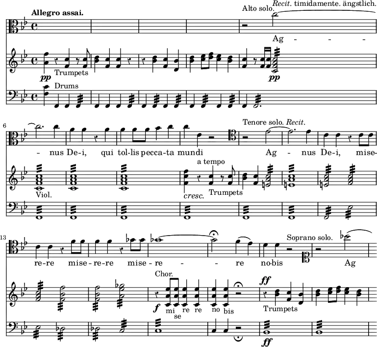 { \time 4/4 \tempo "Allegro assai." \override Score.Rest #'style = #'classical <<
\key bes \major \clef alto \relative c'' { s1 s s s 
r2^"Alto solo." c2^\markup { \italic { Recit. } timidamente. ängstlich. } ~ | c2. c4 | a a r a | a a8 a bes4 c | c ees, r2
 \clef tenor r2^\markup { Tenore solo. \italic { Recit. } } ees2 ~ ees2. ees4 | c c r c8 c | c4 c r f8 f | f4 f r ges8 ges |
ges1 ~ | ges2\fermata f4( ees) | d d r2^"Soprano solo." | \clef soprano r2 aes''( | s4) }
\addlyrics { Ag -- nus De -- i, qui tol -- lis pec -- ca -- ta mun -- di Ag -- nus De -- i, mi -- se -- re -- re mi -- se -- re -- re mi -- se -- re -- re no -- bis Ag -- }
\new Staff { \key bes \major \relative a' { <a f'>4\pp r_"Trumpets" <c f,> r8 q | <d bes>4 <c f,> q r | r <d bes> <c f,> <bes d,> | <d bes> <ees c>8 <f d> <ees c>4 <d bes> |
<c f,> r8 q16 q <c a f c>2:32\pp | q1:32_"Viol." | q: | q: | <f c f,>4\cresc r\!^"a tempo" <c f,>_"Trumpets" r8 q |
<d bes>4 <c f,> <c a e>2:32 | q1: | q2: <c a f>2: | q: <f bes, f>: | q: <ges ees a,>2: |
r4^"Chor."\f <ees a, c,>8_"mi" q_"se" q4_"re" q_"re" | q_"no" q_"bis" r2\fermata | r4^\ff_"Trumpets" <d bes> <c f,> <bes d,> | <d bes> <ees c>8 <f d> <ees c>4 <d bes> | s4 } }
\new Staff { \clef bass \key bes \major \relative f {
  <f c'>4 f,^"Drums" f f4:32 | f f f f: | f f: f f: | f f: f f: |
  f f2.: | f1: | f: | f: | f: |
  f: | f: f2: | ees': | ees: des: | des: c: |
  c1: | c4 c r2_\fermata | bes1:\ff | bes: | s4 } }
>> }