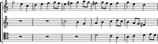 \new ChoirStaff << \override Score.TimeSignature #'stencil = ##f
  \new Staff \relative g'' { \key c \major \time 2/2
    g2 e4 c | d e f g8 f | e4 fis g a8 g | fis4 g8 fis e4 fis | g e d s }
  \new Staff \relative c'' { \key c \major
    R1*2 c2 b4 g | a b c d8 c | b4 a8 g fis4 s }
  \new Staff \relative d' { \clef tenor \key c \major
    R1*3 d2 c4 a | b c d e8 d } >>