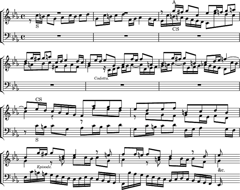 \new ChoirStaff << \override Score.BarNumber #'break-visibility = #'#(#f #f #f) \override Score.Rest #'style = #'classical
  \new Staff \relative g'' { \key c \minor \time 4/4 <<
    { R1*2 r8 g16^"A" fis g8 c, ees g16 f g8 a |
      d, g16 fis g8 a c,16 d ees4 d16 c | %over the page
      bes8 ees16_\markup \tiny \italic "Codetta." d ees8 g,
        aes f'16 ees f8 a, |
      bes g'16 fis g8 b, c d16 ees f4 ~ |
      f8 ees16^"CS" d c bes aes g f8 aes' g f |
      ees d ees f b, c d b |
      c g'16_\markup \tiny \italic "Episode." fis g8 d ees4 r8 e8 |
      f f16 e f8 c d4 r8 d | ees s } \\
    { r8 c16_"S" b c8 g aes  c16 b c8 d |
      g, c16 b c8 d f,16 g aes4 g16 f |
      ees c' b_"CS" a g f ees d c8 ees' d c |
      bes a bes c fis, g a fis | %over the page
      g4 r16 c, d ees f g aes8 ~ aes16 d, ees f |
      g a bes8 ~ bes16 ees, f g aes g f ees d8 c'16 b |
      c4 r r8 f ees d | r aes g f g f16 ees f8 d |
      g4 r8 b c c16 b c8 g |
      aes4 r8 a bes bes16 a bes8 f g4_"&c." } >> }
  \new Staff \relative c' { \clef bass \key c \minor R1*6
    r8 c16_"S" b c8 g aes c16 b c8 d |
    g, c16 b c8 d f,16 g aes4 g16 f |
    ees c' b a g f ees d c d ees d c bes aes g |
    f bes' aes g f ees d c bes c d c bes aes g f | ees s s8 } >>