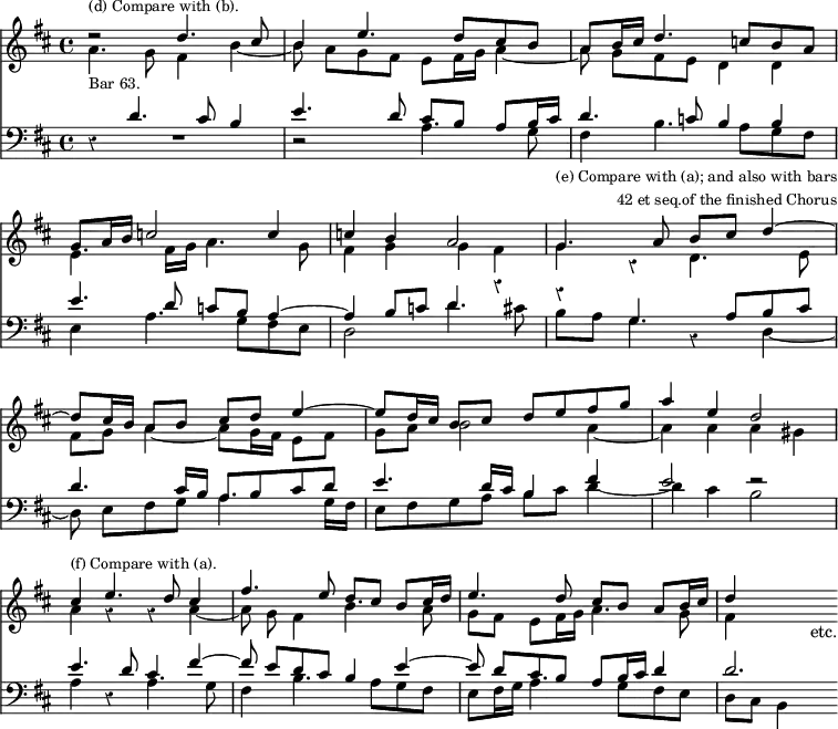 { << \new Staff << \key d \major \time 4/4 \override Score.Rest #'style = #'classical
    \mergeDifferentlyDottedOn \override Score.BarNumber #'break-visibility = #'#(#f #f #f)
  \new Voice \relative d'' { \stemUp
    r2^\markup \small { (d) Compare with (b). } d4. cis8 |
    b4 e4. d8 cis b | %end line 1
    a8 b16 cis d4. c8 b a | g a16 b c2 c4 | %end line 2
    c4 b a2 | g4.^\markup \small \right-column { "(e) Compare with (a); and also with bars" "42 et seq.of the finished Chorus" } a8 b cis d4 ^~ | %end line 3
    d8 cis16 b a8 b cis d e4 ^~ | e8 d16 cis b8 cis d e fis g | %eol 4
    a4 e d2 |
    cis4^\markup \small { (f) Compare with (a). } e4. d8 cis4 |
    fis4. e8 d cis b cis16 d | %end line 5
    e4. d8 cis b a b16 cis | d4 s s_"etc." }
  \new Voice \relative a' { \stemDown
    a4._\markup \small { Bar 63. } g8 fis4 b _~ |
    b8\noBeam a g fis e fis16 g a4 _~ | %end line 1
    a8\noBeam g fis e d4 d | e4. fis16 g a4. g8 | %end line 2
    fis4 g g fis | g4 r4 d4. e8 | %end line 3
    fis8 g a4 _~ a8 g16 fis e8 fis | g a b2 a4 _~ | %end line 4
    a a a gis | a r r a _~ | a8\noBeam g fis4 b4. a8 | %end line 5
    g fis e fis16 g a4. g8 | fis4 } >>
\new Staff << \key d \major \clef bass \mergeDifferentlyDottedOn
  \new Voice \relative d' { \stemUp
    r4 d4. cis8 b4 | e4. d8 cis b a b16 cis | %end line 1
    d4. c8 b4 b | e4. d8 c b a4 ^~ | %end line 2
    a b8 c d4 r | r g,4. a8 b cis | %end line 3
    d4. cis16 b a8 b cis d | e4. d16 cis b4 fis' | %end line 4
    e2 r | e4. d8 cis4 fis ^~ | fis8\noBeam e8 d cis b4 e ^~ | %eol 5
    e8\noBeam d cis b a b16 cis d4 | d2. }
  \new Voice \relative a { \stemDown
    R1 r2 a4. g8 | %end line 1
    fis4 b4. a8 g fis | e4 a4. g8 fis e | %end line 2
    d2 d'4. cis8 | b a g4 r d _~ | %end line 3
    d8\noBeam e fis g a4. g16 fis | e8 fis g a b cis d4 _~ | %eol 4
    d cis b2 | a4 r a4. g8 | fis4 b4. a8 g fis | %eol5
    e8 fis16 g a4. g8 fis e | d8 cis b4 } >> >> }