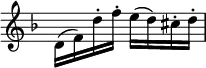 { \relative d' { \time 2/4 \override Score.TimeSignature #'stencil = ##f \key d \minor \stemDown
  d16( f) d'-. f-. e( d) cis-. d-. } }