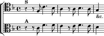  \new ChoirStaff << \override Score.Rest #'style = #'classical
  \new Staff \relative f { \clef tenor \key f \major \time 4/4
    r4^\markup \bold "S" r8 f c'4. bes8 | a4 r8 a bes4. a8 | g4_"&c." }
  \new Staff \relative c' { \clef alto \key f \major
    r4^\markup \bold "A" r8 c f4. f8 | e4 r8 e f4. e8 | d4 } >>