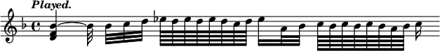 { \tempo \markup \italic "Played." \key f \major \time 4/4 \relative b' {
  <bes f d>4 ~ bes32\noBeam bes[ c d] ees64[ d ees d ees d c d] ees16[ a,32 bes] c64[ bes c bes c bes a bes] c16 } }