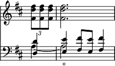 { \override Score.TimeSignature #'stencil = ##f \time 3/4 \key d \major \partial 4 << \relative f'' { \times 2/3 { <fis d fis,>8 q q } q2. }
\new Staff { \clef bass \key d \major \relative d << { <d d'>4 <e e'>_"*" <fis fis'>8 <e e'> <fis fis'>4 } \\ { a4 ~ a2 } >> } >> }