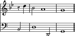 { \override Score.TimeSignature #'stencil = ##f \override Score.Rest #'style = #'classical \time 3/2 \key g \minor \partial 2 << \relative d'' { r4 d bes2 a1 g1 \bar "||" } \new Staff { \clef bass \relative b, { b2 d1 d,2 g1 } } >> }