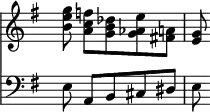 { \override Score.TimeSignature #'stencil = ##f \key e \minor \partial 2. << \relative g'' { s8 <g e b> <f c a> <des b g> <e aes, g> <a, fis!> <g e> }
\new Staff { \clef bass \key e \minor s8 e a, b, cis dis e } >> }