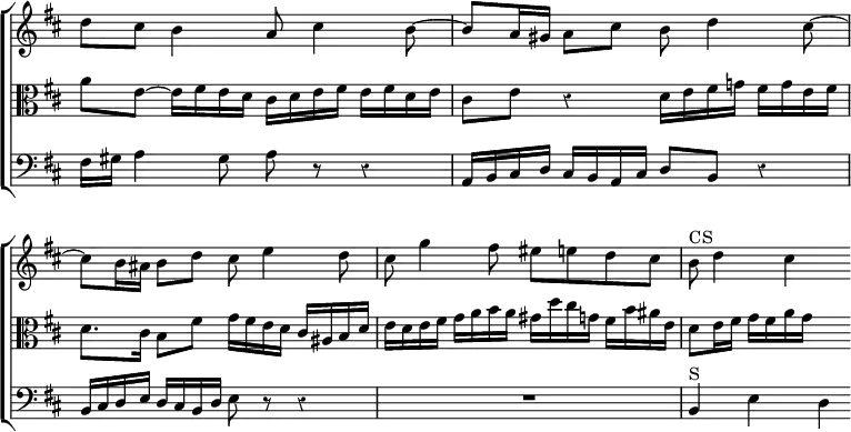 \new ChoirStaff << \override Score.TimeSignature #'stencil = ##f \override Score.Rest #'style = #'classical \override Score.BarNumber #'break-visibility = #'#(#f #f #f)
  \new Staff \relative d'' { \key d \major \time 4/4
    d8 cis b4 a8 cis4 b8 ~ | b a16 gis a8 cis b d4 cis8 ~ |
    cis b16 ais b8 d cis e4 d8 |
    cis g'4 fis8 eis e d cis | b^"CS" d4 cis s8 }
  \new Staff \relative a' { \clef alto \key d \major
    a8 e ~ e16 fis e d cis d e fis e fis d e |
    cis8 e r4 d16 e fis g! fis g e fis |
    d8. cis16 b8 fis' g16 fis e d cis ais b d |
    e d e fis g a b a gis d' cis g fis b ais e |
    d8 e16 fis g fis a g s4 }
  \new Staff \relative f { \clef bass \key d \major
    fis16 gis a4 gis8 a r r4 | a,16 b cis d cis b a cis d8 b r4 |
    b16 cis d e d cis b d e8 r r4 | R1 | b4^"S" e d } >>