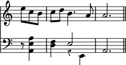 { \override Score.TimeSignature #'stencil = ##f \override Score.Rest #'style = #'classical \time 3/4 \key a \minor \partial 4. << \relative e'' { e8 c b c d b4. a8 a2. \bar "||" } \new Staff { \clef bass \relative a { r8 <a e a,>4 <f d> << { e2 } \\ { r4 e, } >> a2. } } >> }