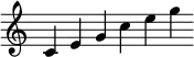 { \override Score.TimeSignature #'stencil = ##f \cadenzaOn \relative c' { c4 e g c e g } }