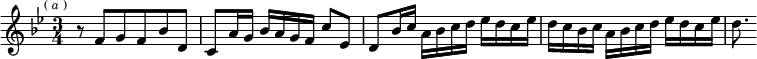 
\relative f' { \key bes \major \time 3/4 \mark \markup \tiny { ( \italic a ) } r8 f[ g f bes d,] | c[ a'16 g] bes[ a g f] c'8[ ees,] | d[ bes'16 c] a[ bes c d] ees[ d c ees] | d[ c bes c] a[ bes c d] ees d c ees] | d8. }