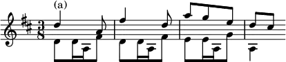 { \time 3/8 \key d \major \relative d'' << { d4^"(a)" a8 | fis'4 d8 | a' g e | d[ cis] } \\ { d,8 d16 a fis'8 | d d16 a fis'8 | e e16 a, g'8 | a,4 } >> }