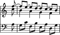 { \override Score.TimeSignature #'stencil = ##f \partial 8 << \relative f'' << { f8 ~ f[ e] ~ e[ d] ~ d[ c] ~ c[ b] } \\ { c8 b4 a g f } >>
\new Staff { \clef bass \relative a { a8 g[ c] f,[ b] e,[ a] d,[ g] } } >> }