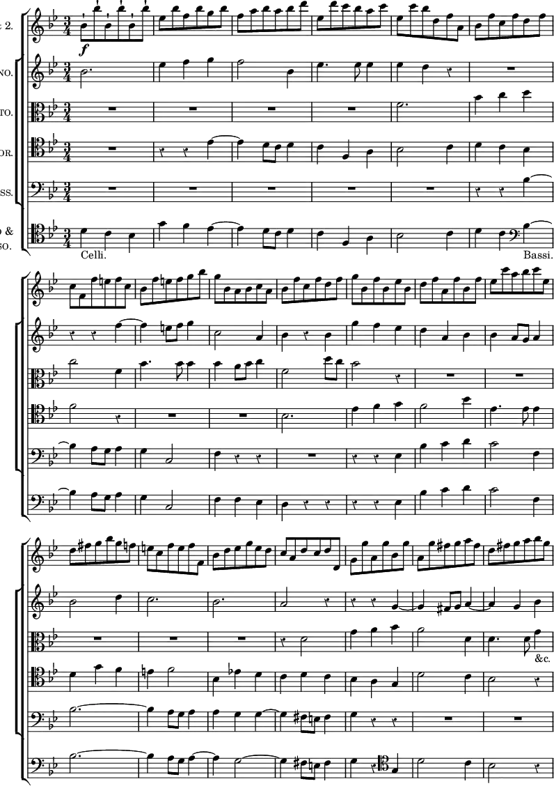 \new ChoirStaff << \override Score.Rest #'style = #'classical
  \new Staff \with { instrumentName = \markup { \caps "Violini" 1 & 2. } }
   \relative b' { \key bes \major \time 3/4 \override Score.Rest #'style = #'classical \override Score.BarNumber #'break-visibility = #'#(#f #f #f)
    bes8-!\f bes'-! bes,-! bes'-! bes,-! bes'-! |
    ees, bes' f bes g bes | f a bes a bes d | ees, d' c bes a c %eol
    ees, c' bes d, f a, | bes f' c f d f | c f, f' e f c | bes f' e f g bes %eop
    g bes, a bes c a | bes f' c f d f | g bes, f' bes, ees bes | d f a, f' bes, f' %eol
    ees c' a bes c ees, | d fis g bes g f | e c f e f f, | bes d ees g ees d %eop
    c a d c d d, | g g' a, g' bes, g' | a, g' fis g a fis | d fis g a bes g
}
  \new ChoirStaff <<
   \new Staff \with { instrumentName = \markup { \caps "Soprano." } }
    \relative b' { \key bes \major
     bes2. | ees4 f g | f2 bes,4 | ees4. ees8 ees4 | %eol
     ees d r | R2. | r4 r f ~ | f e8 f g4 | %eop
     c,2 a4 | bes r bes | g' f ees | d a bes %eol
     bes a8 g a4 | bes2 d4 | c2. bes %eop
     a2 r4 | r r g ~ | g fis8 g a4 ~ | a g bes
}
   \new Staff \with { instrumentName = \markup { \caps "Alto." } }
    \relative f' { \key bes \major \clef alto
     R2.*4 %eol
     f2. | bes4 c d | c2 f,4 | bes4. bes8 bes4 %eop
     bes4 a8 bes c4 | f,2 d'8 c | bes2 r4 | R2. %eol
     R2.*4 %eop
     r4 d,2 | g4 a bes | a2 d,4 | d4. d8 g4_"&c."
}
   \new Staff \with { instrumentName = \markup { \caps "Tenor." } }
    \relative e' { \key bes \major \clef tenor
     R2. r4 r ees ~ | ees d8 c d4 | c f, a %eol
     bes2 c4 | d c bes | f'2 r4 | R2. %eop
     R2. bes, | ees4 f g | f2 bes4 %eol
     ees,4. ees8 ees4 | d4 g f | e f2 | bes,4 ees! d %eop
     c d c | bes a g | d'2 c4 | bes2 r4
}
   \new Staff \with { instrumentName = \markup { \caps "Bass." } }
    \relative b { \key bes \major \clef bass
     R2.*4 %eol
     R2. | r4 r bes ~ | bes a8 g a4 | g4 c,2 %eop
     f4 r r | R2. | r4 r ees | bes' c d %eol
     c2 f,4 | bes2. ~ | bes4 a8 g a4 | a g g ~ %eop
     g4 fis8 e fis4 | g4 r r R2.*2
}
>>
  \new Staff \with { instrumentName = \markup { \center-column { \caps "Violincello &" \caps "Contrabasso." } } }
   \relative d' { \clef bass \key bes \major
    \clef tenor d4_"Celli." c bes | g' f ees ~ |
     ees d8 c d4 | c f, a %eol
     bes2 c4 | d c \clef bass bes_"Bassi." ~ | bes a8 g a4 | g4 c,2 %eop
     f4 f ees | d r r | r r ees | bes' c d %eol
     c2 f,4 | bes2. ~ bes4 a8 g a4 ~ | a g2 ~ %eop
     g4 fis8 e fis4 | g r \clef tenor g | d'2 c4 | bes2 r4
} >>