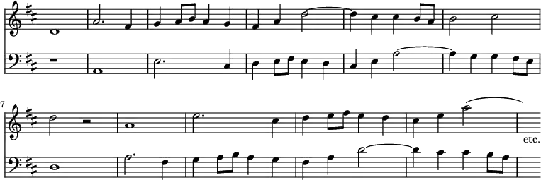 { \override Score.TimeSignature #'stencil = ##f \time 4/4 \key d \major << \relative d' { d1 a'2. fis4 g a8 b a4 g fis a d2 ~ | d4 cis cis b8 a b2 cis d r a1 e'2. cis4 d e8 fis e4 d cis e a2( | s4)_"etc." }
\new Staff { \clef bass \key d \major \relative a, { r1 a e'2. cis4 d e8 fis e4 d cis e a2 ~ a4 g g fis8 e d1 a'2. fis4 g a8 b a4 g fis a d2 ~ d4 cis cis b8 a s4 } } >> }