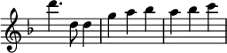 \relative d''' { \time 3/4 \key d \minor \override Score.TimeSignature #'stencil = ##f
  d4. d,8 d4 | g a bes | a bes c } 