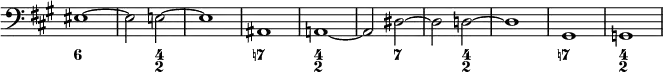 { \override Score.TimeSignature #'stencil = ##f << \new Staff { \clef bass \time 4/4 \key a \major eis1 ~ eis2 e ~ e1 | ais, | a,! ~ | a,2 dis ~ | dis d ~ | d1 | gis, | g, }
\figures { <6>1 <_>2 <4 2> <_>1 <7!> <4 2> <_>2 <7> <_> <4 2> <_>1 <7!> <4 2> } >> }