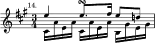 { \relative e'' { \key a \major \time 3/4 \mark \markup \small "14."
<< { e4 e8.\turn fis16 e8 d! } \\
   { cis,16 a' e a cis, a' e a b, gis' e gis } >> } }