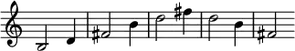 \relative b { \time 3/4 \override Score.TimeSignature #'stencil = ##f
  b2 d4 | fis2 b4 | d2 fis4 | d2 b4 | fis2 } 