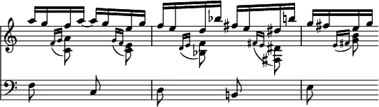 { \override Score.TimeSignature #'stencil = ##f << \new Staff { \time 2/4 << \new Voice { \stemUp \relative a'' { a16 g f a ~ a g e g | f e d bes' fis e dis b' g fis e g } }
\new Voice { \stemDown \relative f' { s8 \acciaccatura { f16[ g] } <a c,>8 s \acciaccatura { g16[ f] } <e c>8 | s \acciaccatura { d16[ e] } <f bes,>8 s \acciaccatura { fis16[ e] } <dis fis,>8 | s \acciaccatura { e16[ fis] } <g b>8 } } >> }
\new Staff { \clef bass f8 s c s d s b,! s e s } >> }