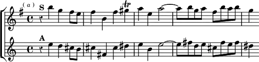  \new ChoirStaff << \override Score.Rest #'style = #'classical
  \new Staff \relative b'' { \key e \minor \time 4/4 \mark \markup \tiny { ( \italic a ) }
    r4^\markup \bold "S" b g fis8 e | fis4 b, fis' gis\trill |
    a e a2 ~ | a8 b g a fis b a b | g4 }
  \new Staff \relative e'' {
    r4^\markup \bold "A" e d cis8 b | cis4 fis, cis' dis |
    e b e2 ~ | e8 fis d e cis fis e fis | dis4 } >>