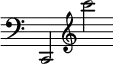 { \clef bass \override Score.TimeSignature #'stencil = ##f \time 3/2 c,2 \clef treble c''' }