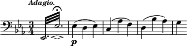 { \time 3/4 \clef bass \key ees \major \tempo \markup { \smaller \italic Adagio. } \relative e, { \repeat tremolo 12 { ees32[ ees']\fermata\espressivo } ees4\p( d ees) c( aes' f) d( bes' aes) g } }