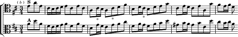  \new ChoirStaff << \override Score.BarNumber #'break-visibility = #'#(#f #f #f)
  \new Staff \relative e' { \clef tenor \key b \minor \time 3/4 \partial 4. \mark \markup \tiny { (\italic "b") }
    e8^\markup \bold "S" a e | cis16 b cis d e8 cis e cis |
    a cis16_"*" b a8 cis_"*" d fis | b, d16 cis_"*" b8 d e g |
    cis, e16 d cis8 e a, g' | fis e16 fis d8 }
  \new Staff \relative a' { \clef alto \key b \minor
    a8^\markup \bold "A" d a | fis16 e fis g a8 fis a fis |
    d g16 fis e8 g a cis | fis, a16 g fis8 a b d |
    gis, b16 a gis8 b e, d' | cis b16 cis a8 } >> 