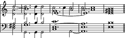 { \override Score.TimeSignature #'stencil = ##f \time 3/2 \partial 2 << \relative d'' { << { d2\glissando b1. g1 a2 a\glissando c1 b\breve*3/4 \bar "||" } \\ { <a d,>2\glissando <d d,>2. q4 q2 c2. c4 c2 c2\glissando a1 <gis e>\breve*3/4 } \\ { s2 s1. \tieDown e1. ~ e } >> }
\new Staff { \clef bass \relative a << { a2 b2. b4 b2 c1. a <b e,>\breve*3/4 } \\ { <fis d>2 g,2. g4 g2 c1 a2 ~ a1. } \\ { s2 g'1. e ~ e } >> }
 >> }