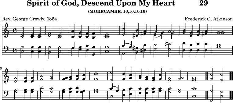 \version "2.16.2" 
\header { tagline = ##f title = \markup { "Spirit of God, Descend Upon My Heart" "          " "29" } subsubtitle = "(MORECAMBE. 10,10,10,10)" composer = "Frederick C. Atkinson" poet = "Rev. George Crowly, 1854" }
\score { << << \new Staff { \key c \major \time 4/4 \relative e' {
  <e c>2 q4 q | <f d>2 <e c> |
  <a c,>4 <g c,> <f c> <f b,> | <e c>1 | % end of line 1
  <c' e,>2 <b dis,>4 <a fis> | << { g2 a } \\ { e4( g) g2 } >> |
  <b g>4 <g d> <a e> <a fis> | << { g1 } \\ { g } >> | %end of 2
  <g d>2 q4 q | <b f>2 <a f> |
  <g f>4 <a f> <b f> <c f,> | <d f,>1 | % end of line 3
  <e e,>2 <d f,>4 <c g> | <b g> <a f> <g e> <c f,> |
  <g e>2 <g f> | <g e>1 \bar "|."
  <c f,>2 <c e,> \bar ".." } }
\new Staff { \clef bass \key c \major \relative c {
  <c g'>2 q4 q | <b g'>2 <c g'> |
  << { f4 } \\ { f } >> <e g> <d a'> <g, g'> | <c g'>1 %end of 1
  << { a'4( g) } \\ { a,2 } >> <b fis'>4 <dis b'> |
  <e b'>2 <e cis'> |
  <d d'>4 <d b'> <d c'> q | <g b>1 | % end of line 2
  q2 q4 q | <g d'>2 <g c> |
  <g b>4 <g c> <g d'> <g a> | <g b>1 % end of line 3
  << { c4( a) } \\ { c,2 } >> <d b'>4 <e c'> |
  <f c'> q <g c> <a c> | <g c>2 <g b> | <c, c'>1 |
  <f, a'>2 <c' g'> } } >> >>
\layout { indent = #0 }
\midi { \tempo 4 = 112 } }
