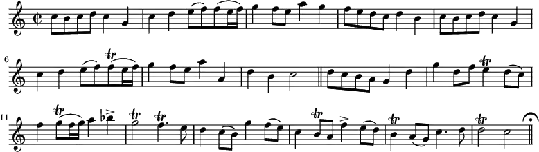 { \time 2/2 \relative c'' { c8 b c d c4 g | c d e8( f) f( e16 f) | g4 f8 e a4 g | f8 e d c d4 b | c8 b c d c4 g | c d e8( f) f\trill( e16 f) | g4 f8 e a4 a, | d b c2 \bar "||" d8 c b a g4 d' | g d8 f e4\trill d8( c) | f4 g8\trill( f16 g) a4 bes-> | g2\trill f4.\trill e8 | d4 c8( b) g'4 f8( e) | c4 b8\trill a f'4-> e8( d) | b4\trill a8( g) c4. d8 | d2\trill c \mark \markup { \musicglyph #"scripts.ufermata" } \bar "||" } }