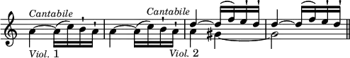 { \override Score.TimeSignature #'stencil = ##f \time 2/4 \relative a' { \stemDown a4^\markup { \smaller \italic Cantabile } _\markup { \smaller \italic Viol. 1 } ~ a16( c) b-! a-! | a4 ~ a16( c) b-! a-! \stemNeutral | << { d4^\markup { \halign #1 \smaller \italic Cantabile } ~ d16( f) e-! d-! d4 ~ d16( f) e-! d-! \bar "||" } \\ { a4(_\markup { \halign #1 \smaller \italic Viol. 2 } gis ~ gis2 } >> } }