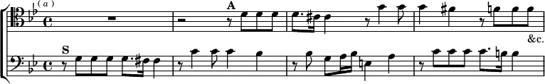  \new ChoirStaff <<
  \new Staff \relative d' { \clef tenor \key g \minor \time 4/4 \mark \markup \tiny { ( \italic a ) } R1
    r2 r8^\markup \bold "A" d d d | d8. cis16 cis4 r8 g'4 g8 |
    g4 fis r8 f f f_"&c." }
  \new Staff \relative g { \clef bass \key g \minor
    r8^\markup \bold "S" g g g g8. fis16 fis4 |
    r8 c'4 c8 c4 bes | r8 bes g a16 bes e,4 a |
    r8 c c c c8. b16 b4 } >> 