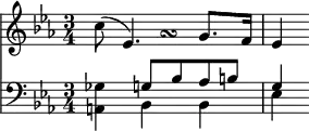 { \time 3/4 \key ees \major << \relative c'' { c8( ees,4.)-\tweak #'X-offset #6 -\tweak #'Y-offset #-0.5 -\turn g8. f16 | ees4 }
\new Staff { \clef bass \key ees \major << \relative g { s4 g8 bes aes b | g4 } \\ \relative g { <ges a,>4 bes, bes | ees } >> } >> }