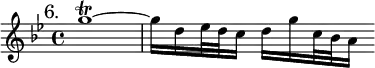 { \mark "6." \time 4/4 \key g \minor \relative g'' {
  g1\trill ~ | g16 d ees32 d c16 d g c,32 bes a16 } }