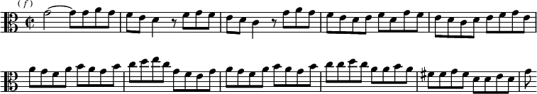  \relative g' { \clef alto \key c \major \time 2/2 \override Score.BarNumber #'break-visibility = #'#(#f #f #f) \mark \markup \tiny { ( \italic f ) }
  g2 ~ g8 g a g | f e d4 r8 f g f |
  e d c4 r8 g' a g | %end of first line
  f e d e f d g f | e d c d e f g e |
  a g f a b a g b | %end of second line
  c d e c g f e g | a g f a b a g b |
  c c d c a a b a | fis fis g fis d d e d | g }